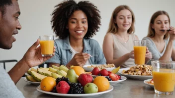 En person som nyter en sunn frokost med frukt, mens venner forbereder seg på en morsom utflukt til kino.