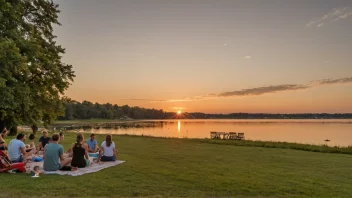 En fredelig sommerkveld med en varm solnedgang og mennesker som nyter utendørs.