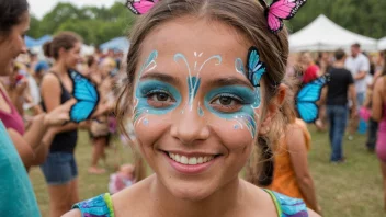 En person med en fargerik ansiktsmaling av en sommerfugl, på en festival.