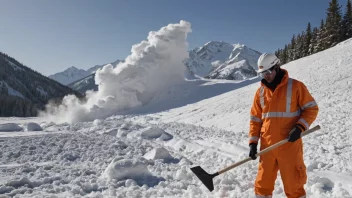 En snøskredfare i et vintermiljø, utstyrt med sikkerhetsutstyr og en spade.