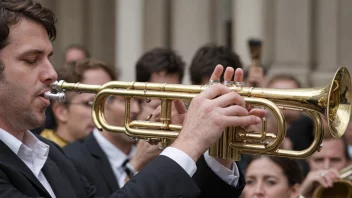 En musiker som spiller et messinginstrument, hvor man ser de intrikate detaljene på instrumentet.