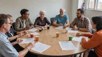 En gruppe mennesker fra ulike aldersgrupper og bakgrunner samlet rundt et bord, engasjert i en livlig diskusjon om samfunnsspørsmål.