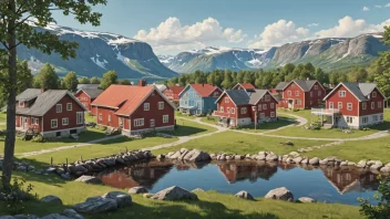 En fargerik illustrasjon av en norsk amerikanskbygd, som viser dens unike arkitektur og kulturelle innflytelser.