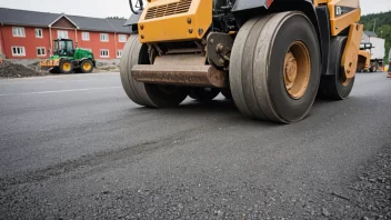 En vegvalse som komprimerer og jevner ut asfalt på en veibyggeplass.