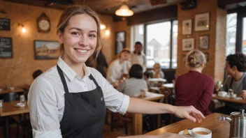 En servitør i en kafé som smiler og hilser på en stamgjest.