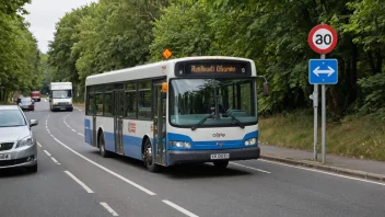 En buss som kjører på en vei med et fast ruteskilt, som illustrerer en linjetjeneste