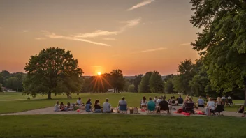 En varm sommerkveld med en lang solnedgang og mennesker som nyter utendørs.