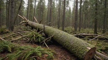 Et tre ligger på bakken, stammen knekt i to, mens sterke vinder blåser gjennom skogen.