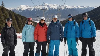 En gruppe mennesker i skiklær, stående foran et fjell med en skitrekk i bakgrunnen.