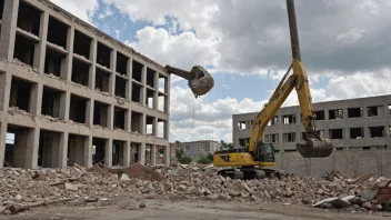 En opphugningsplass med en demoleringkule og en delvis ødelagt bygning