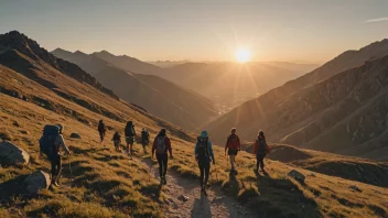 En fredelig og rolig scene av mennesker som går på tur i fjellet under soloppgang