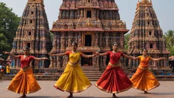 Et levende og dynamisk bilde av en tradisjonell tamilsk dans i foran en fargerik tempel i sørlige India