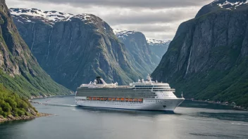 Et bilde av Flaggruten som seiler gjennom en vakker norsk fjord.