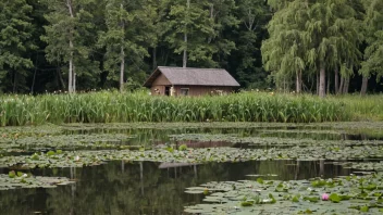 En beverdam i en fredelig elv med en hytte i midten, omgitt av frodig grønnskap og fargerike vannliljer.