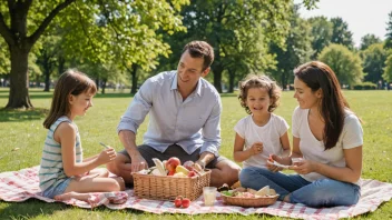 En glad familie som har piknik i en park