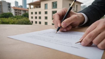 En person som signerer en kontrakt, med en bygning i bakgrunnen.