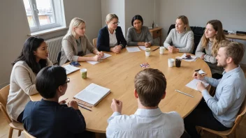 En gruppe mennesker fra ulike etniske bakgrunner samlet rundt et bord, engasjert i en diskusjon om integrering og inklusjon i norsk samfunn.