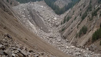 Et stort stenras i et fjellområde, med store steiner og grus som raser nedover en skråning.