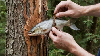 En person som fjerner barken fra et tre, med en fisk i bakgrunnen som har fått skinnet fjernet.