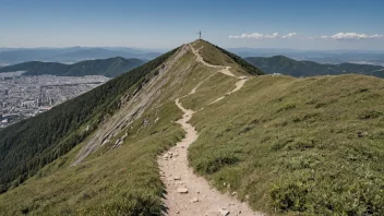 Et fjell nær en by, med en tursti som fører til toppen.