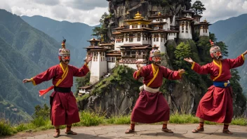 Et fargerikt og levende bilde av en tradisjonell bhutansk maskdansforestilling foran det ikoniske Paro Taktsang-klosteret i Bhutan.