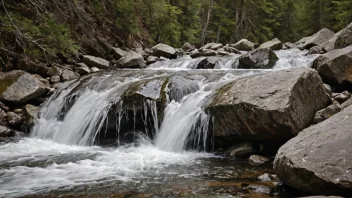 Et fredelig bilde av en fjellbekk, med vann som strømmer ned den steinete terrenget, og skaper en beroligende gurglende lyd.