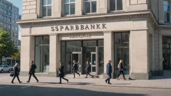 Et bilde av en bankbygning med en skilt som leser 'Sparebank' på norsk, med mennesker som går inn og ut av bygningen, og en bylandskap i bakgrunnen.