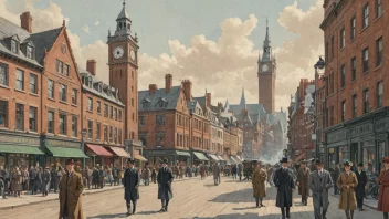 Et bilde av en by fra tidlig 1900-tall, med en blanding av gammel og ny arkitektur, og mennesker som går omkring i sine daglige liv.