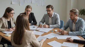 En gruppe mennesker i et møterom, diskuterer og evaluerer ideer.