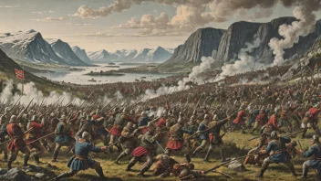 Et bilde som viser et norsk landskap med en slagscene i bakgrunnen, som representerer Leskedrikkrigen-konflikten.