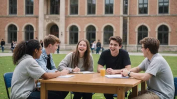 En gruppe studenter samlet rundt et bord, diskuterer og ler sammen, med en universitetsbygning i bakgrunnen.