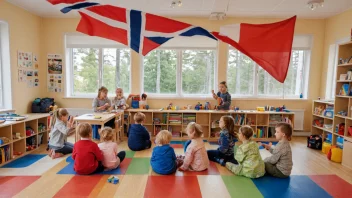 Et barnehage i Norge med barn som leker og et norsk flagg i bakgrunnen.