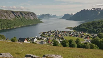 Et pittoreskt norsk landskap med en liten bosetning i det fjerne