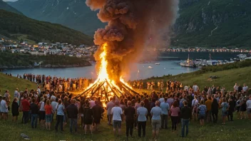 En tradisjonell norsk sankthansaften-feiring med bål og mennesker samlet rundt.