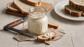 En jar med kremet smørje på et bord med en kniv og en brødskive ved siden av.