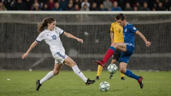 En fotballspiller i aksjon, som sender ballen gjennom motstanderens forsvar.