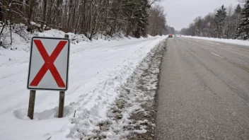 Et skilt som indikerer et forbud mot pigger på kjøretøy på en snødekt vei.