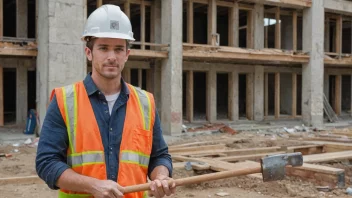 En person i en bygghatt og vest, som holder en hammer og står foran en bygning under renovasjon.