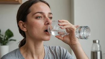 En person som drikker vann fra et glass, med et lettet uttrykk i ansiktet.