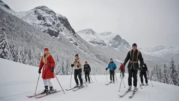 En gruppe mennesker i tradisjonelle norske klær, som går på ski sammen i et snølandskap.