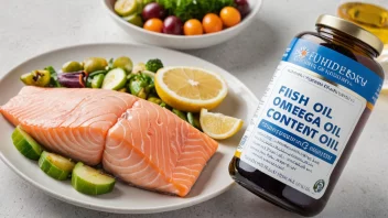 En flaske fiskolje med en etikett som fremhever dens høye innhold av omega-3 fettsyrer, omgitt av fersk fisk og en tallerken med sunt mat.