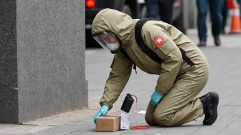 En bombeekspert i en beskyttende drakt, undersøker en mistenkelig pakke i et offentlig område.