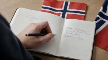 En person som skriver i en notatbok med et norsk flagg i bakgrunnen, som representerer bruken av bokmål i Norge