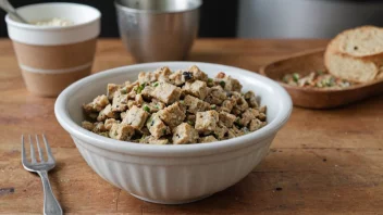 En bolle med melbær på et trebord med en bakeplate i bakgrunnen