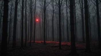 En mørk og truende skog med et glødende rødt lys i det fjerne, som symboliserer en forbannelse eller overnaturlig makt.