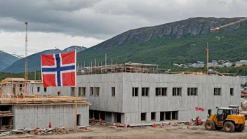 En bygning under oppføring med norsk flagg på taket, som symboliserer Byggetilsynets rolle i å overvåke byggeaktiviteter i Norge.