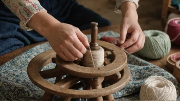 En person som spinner garn eller tråd ved hjelp av et spinnerhjul eller en spinnrock, med en bakgrunn av tekstiler eller fibre.