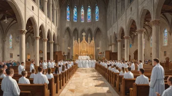 Et bilde av en kirke med ulike sakramentshandlinger som utføres.