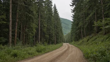 En naturskjønn utsikt over en grusvei som slynger seg gjennom en tett skog.