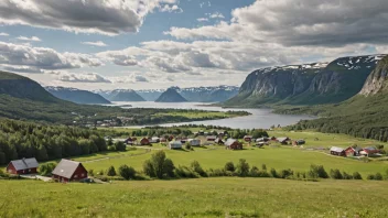 Et idyllisk norsk landskap med en liten landsby eller gård i bakgrunnen.